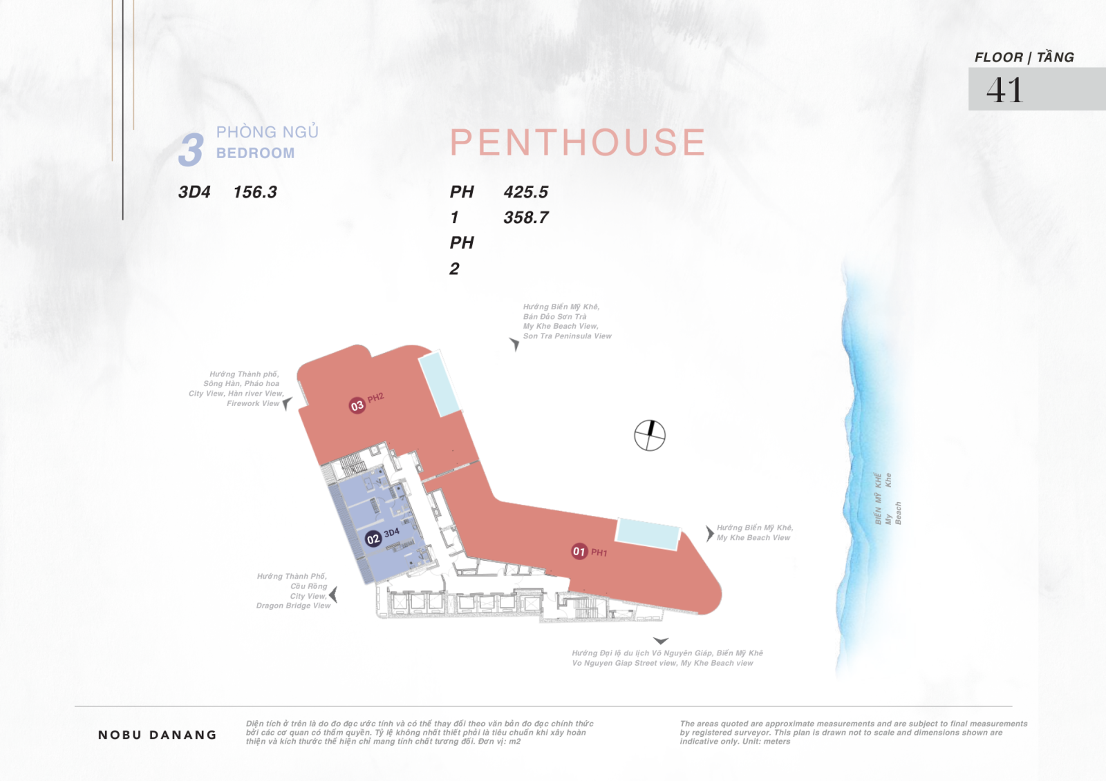 Mặt bằng tầng căn hộ: 3 phòng ngủ và Penthouse tầng 41 dự án Nobu Hotel và Residences Đà Nẵng
