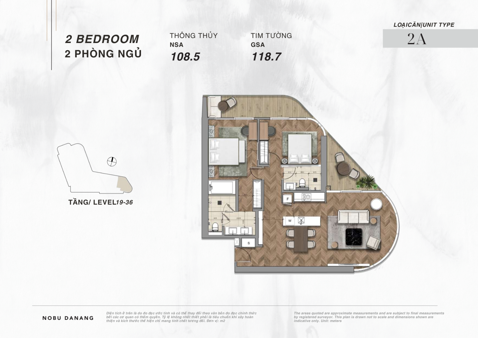 Layout căn hộ 2 phòng ngủ dự án Nobu Hotel và Residences Đà Nẵng