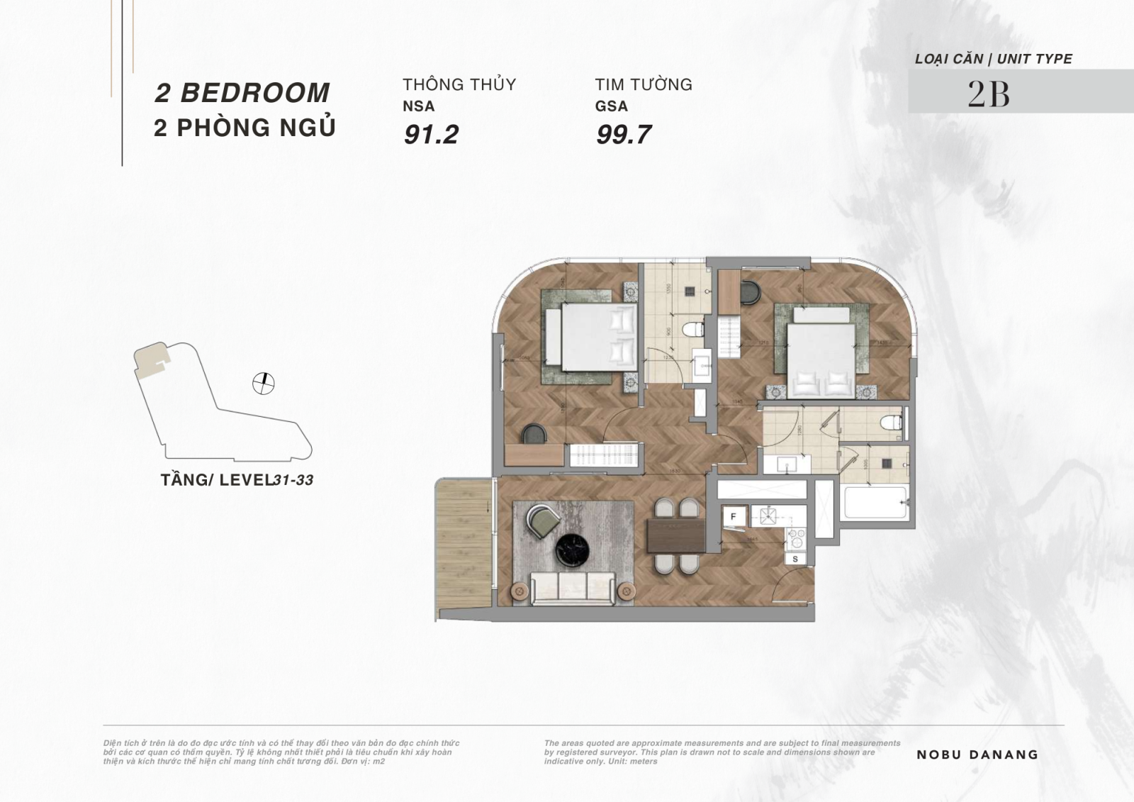 Layout căn hộ 2 phòng ngủ dự án Nobu Hotel và Residences Đà Nẵng