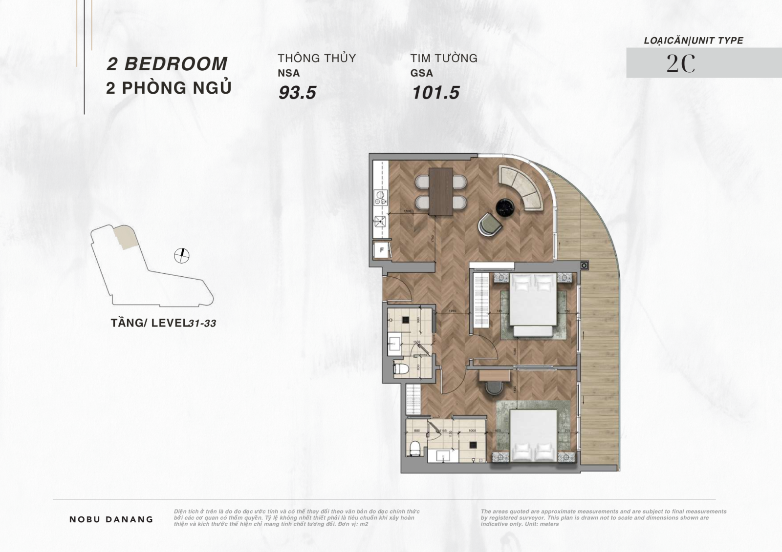 Layout căn hộ 2 phòng ngủ dự án Nobu Hotel và Residences Đà Nẵng