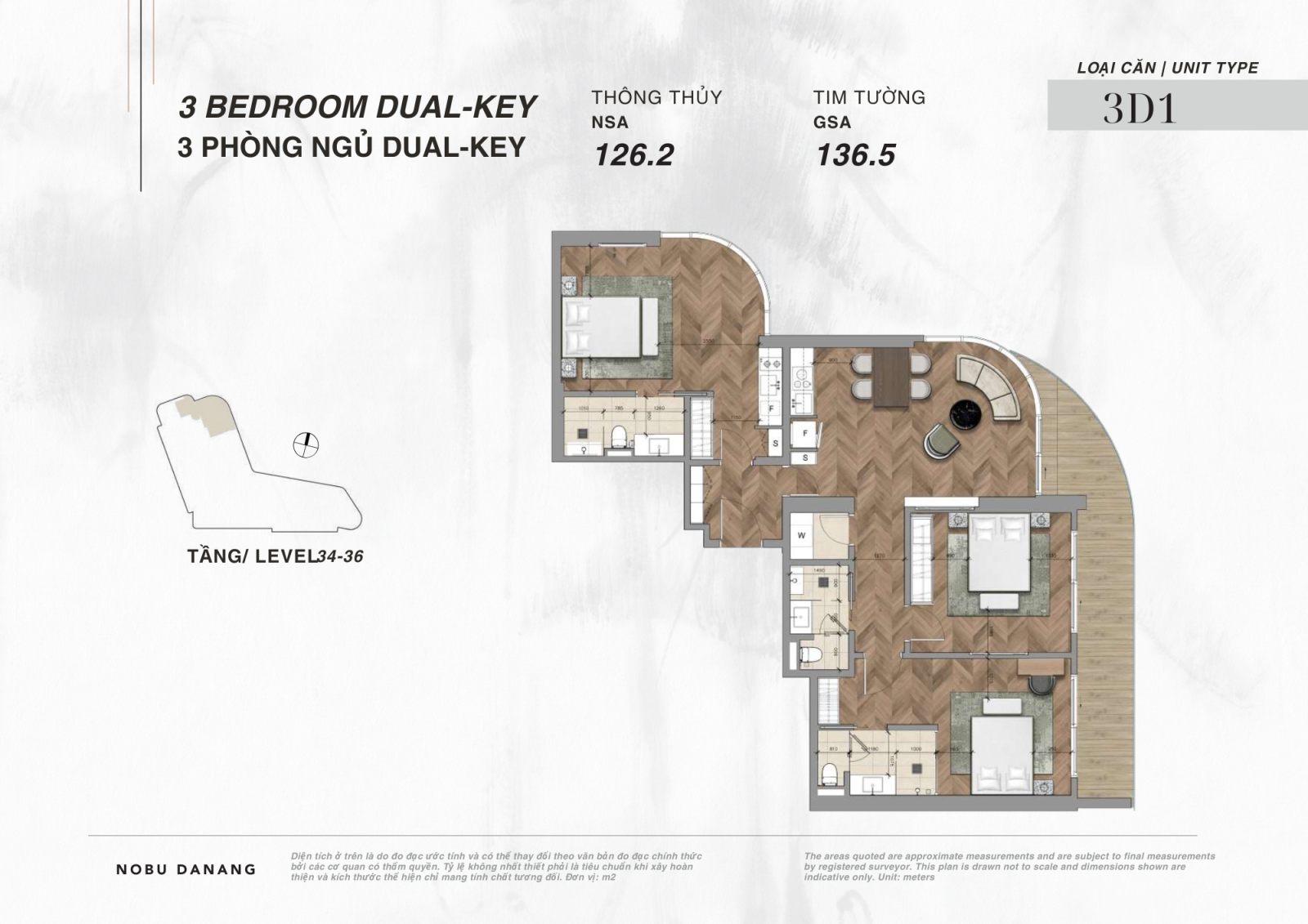 Chi Tiết Layout căn hộ 3 phòng ngủ Dual Key dự án Nobu Hotel và Residences Đà Nẵng