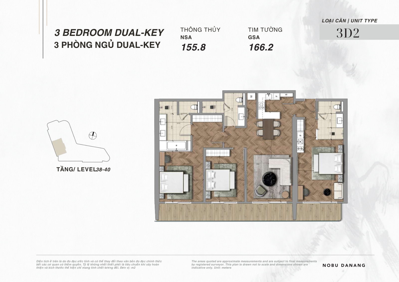 Layout căn hộ 3 phòng ngủ Dual Key dự án Nobu Hotel và Residences Đà Nẵng