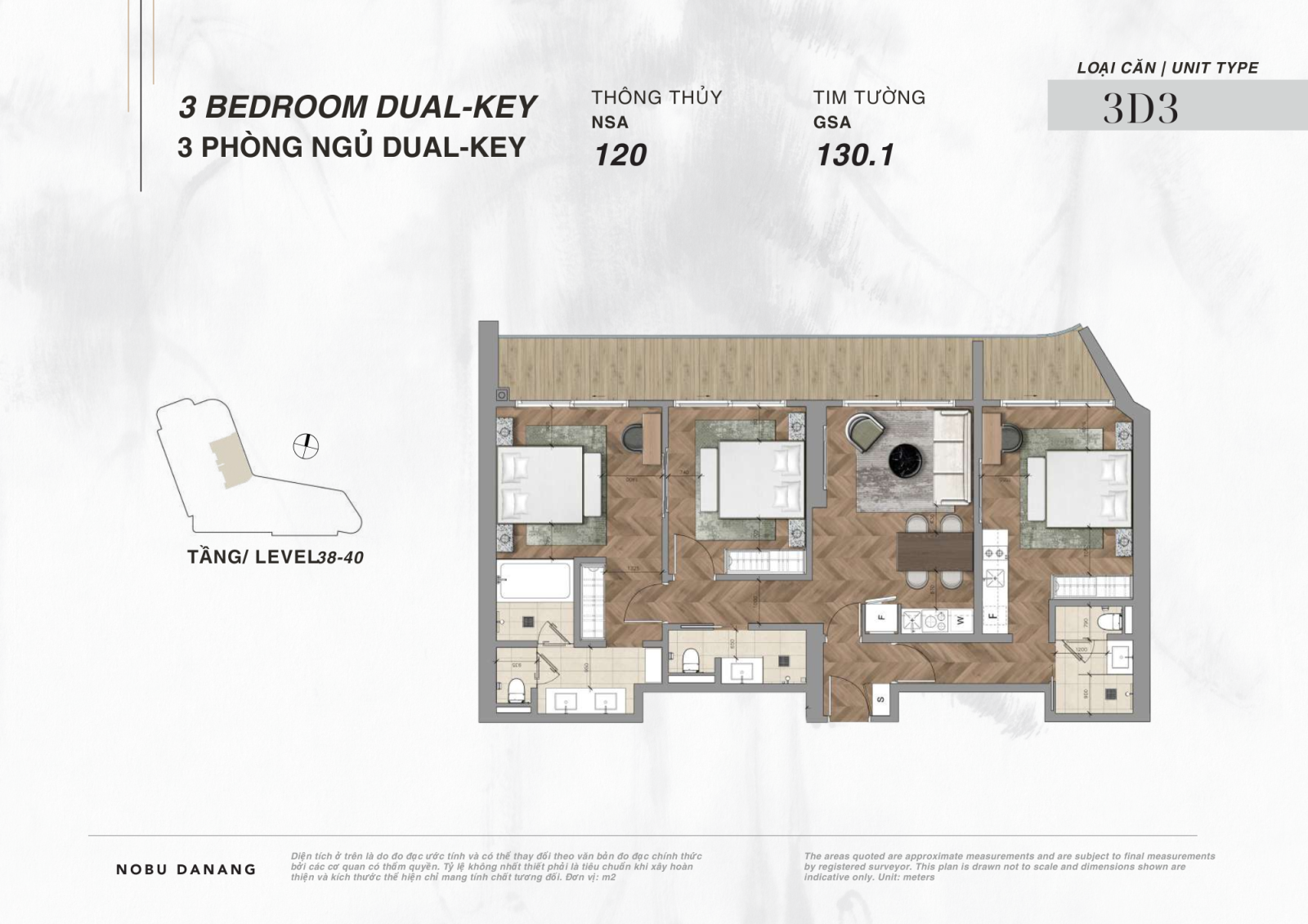Chi Tiết Layout căn hộ 3 phòng ngủ Dual Key dự án Nobu Hotel và Residences Đà Nẵng