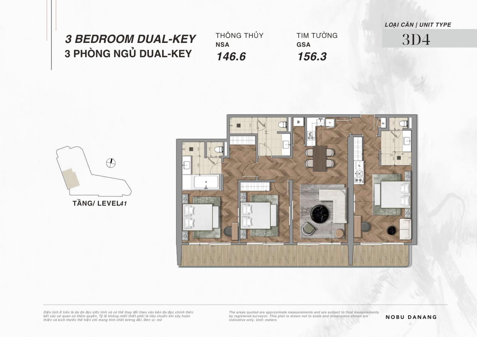 Layout căn hộ 3 phòng ngủ Dual Key dự án Nobu Hotel và Residences Đà Nẵng