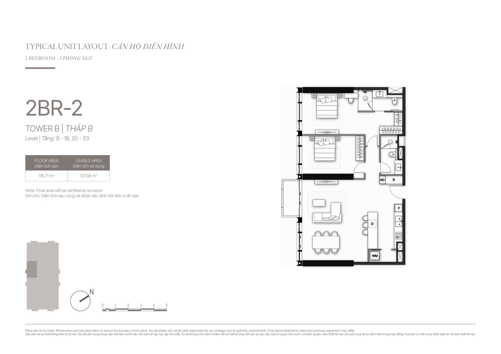 Layout căn hộ 2 phòng ngủ lớn The Opusk Residence Thủ Thiêm