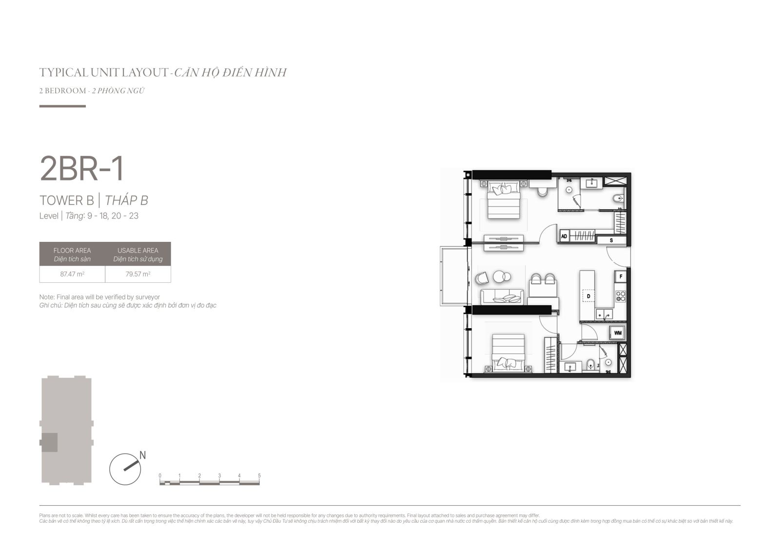 Layout căn hộ 2 phòng ngủ The Opusk Residence Thủ Thiêm