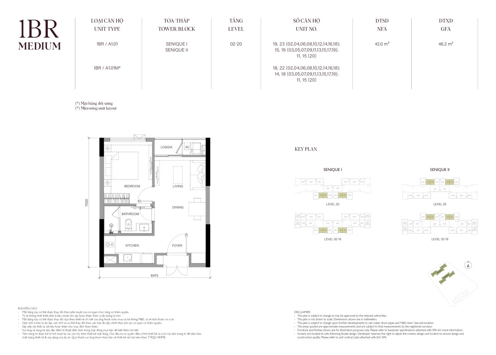 Layout căn hộ 1 phòng ngủ The Senique 1 và 2