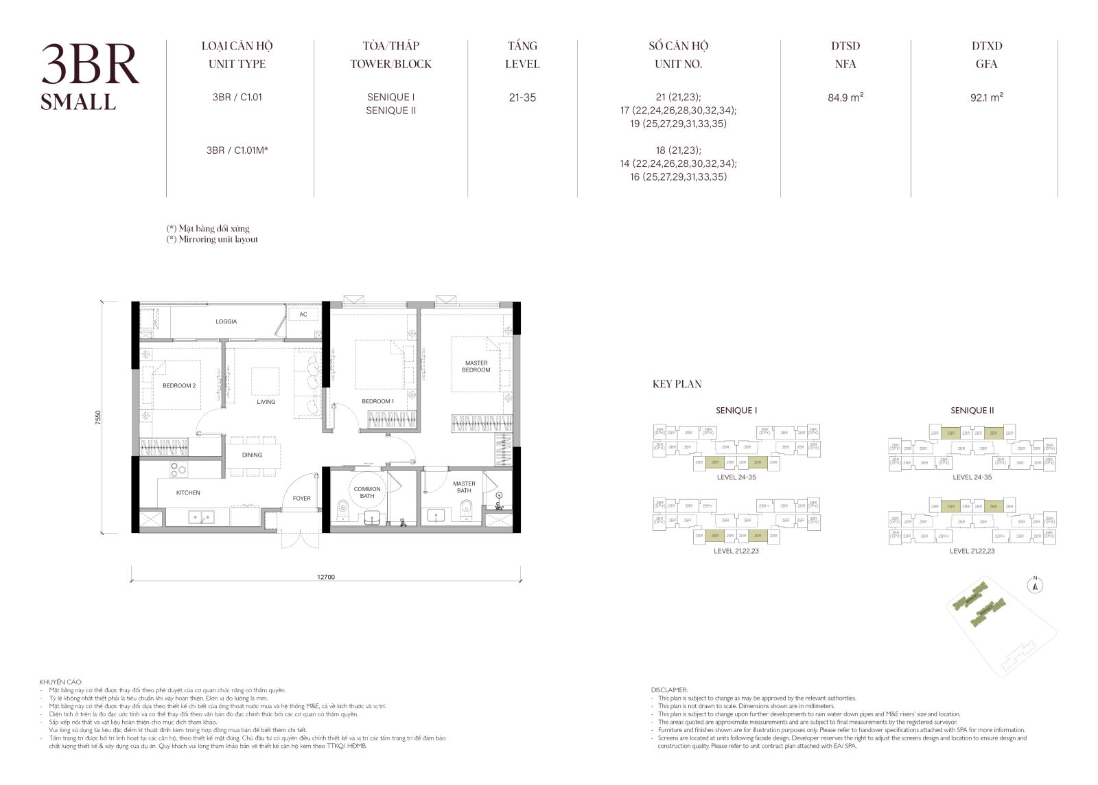 Layout căn hộ 3 phòng ngủ Small The Senique 1 và 2