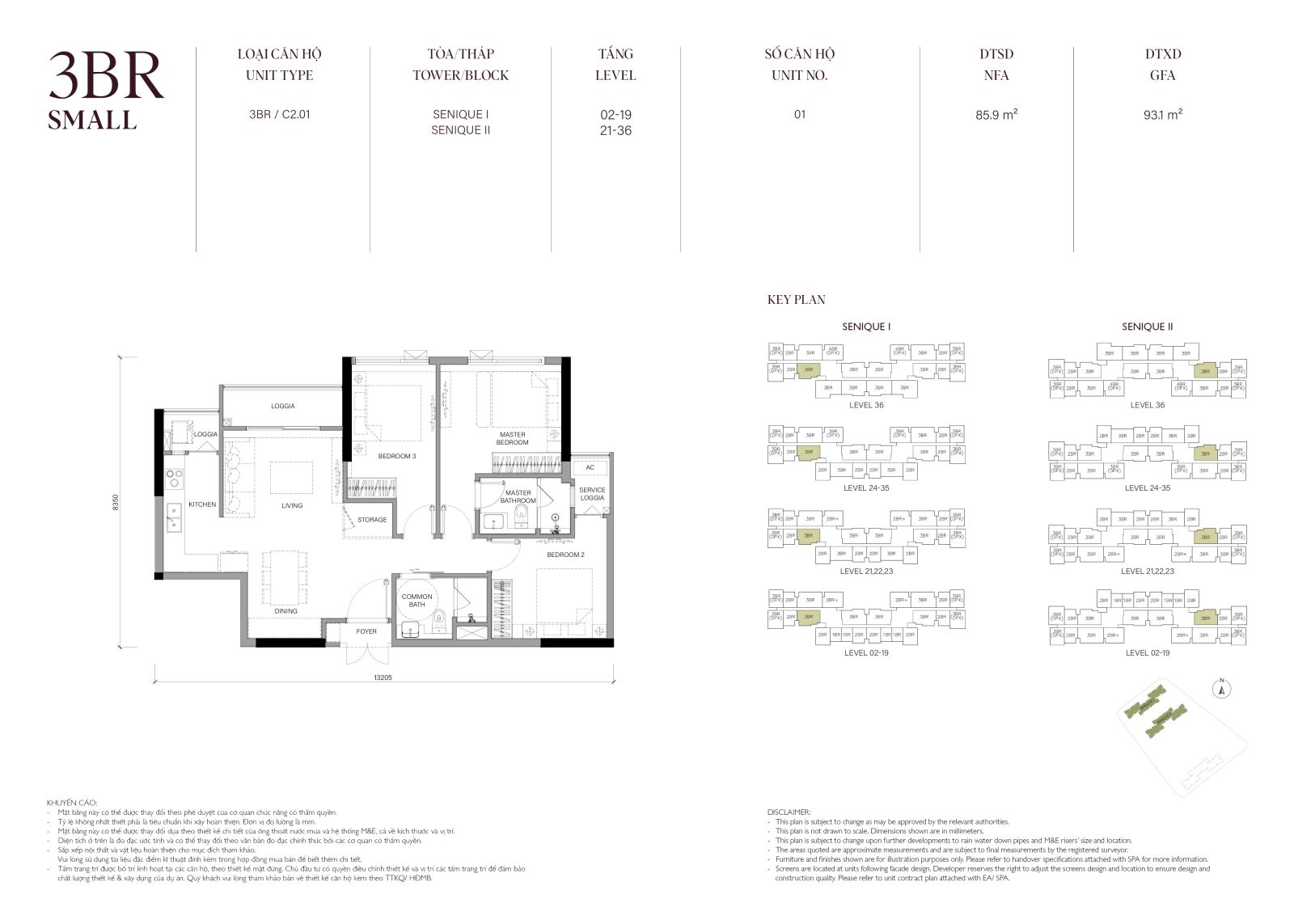 Layout căn hộ 3 phòng ngủ Small The Senique 1 và 2