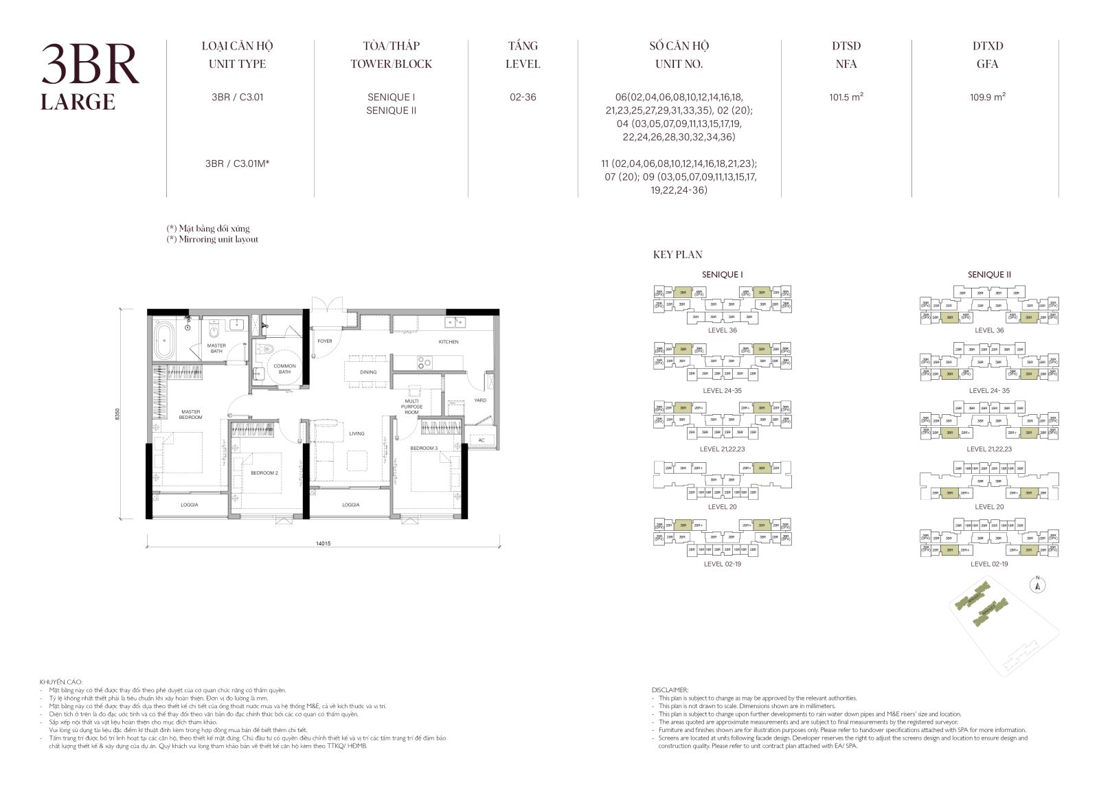 Layout căn hộ 3 phòng ngủ Large The Senique 1 và 2