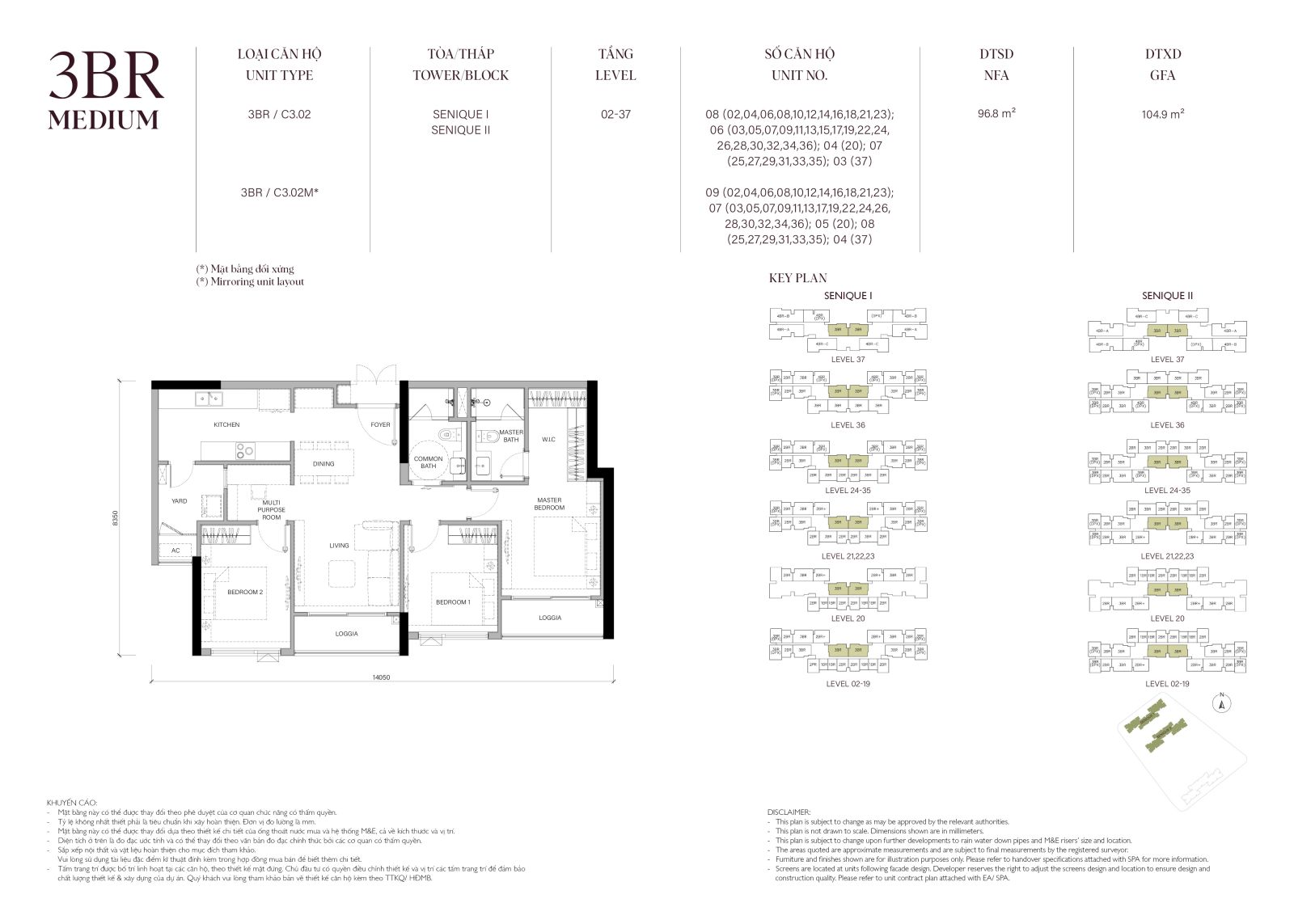 Layout căn hộ 3 phòng ngủ Medium The Senique 1 và 2