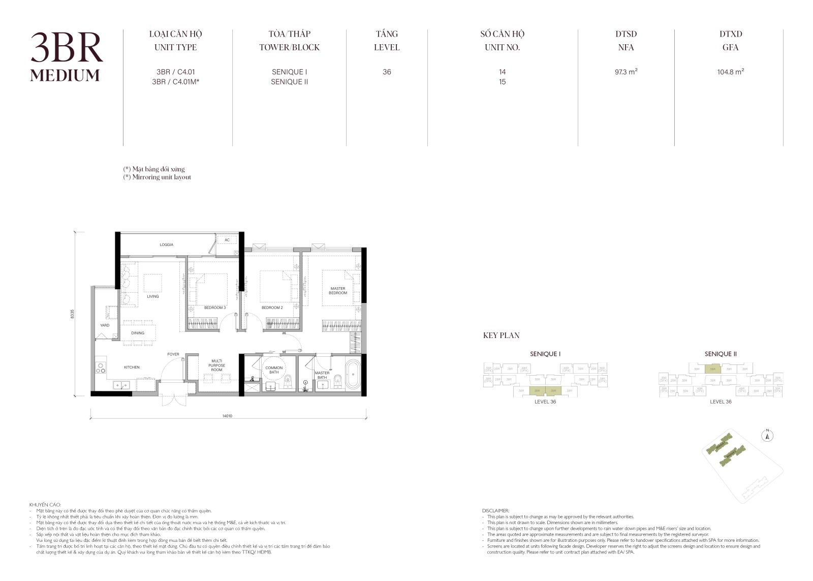 Layout căn hộ 3 phòng ngủ Medium The Senique 1 và 2