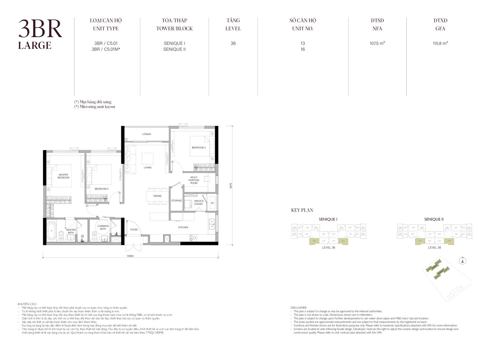 Layout căn hộ 3 phòng ngủ Large The Senique 1 và 2