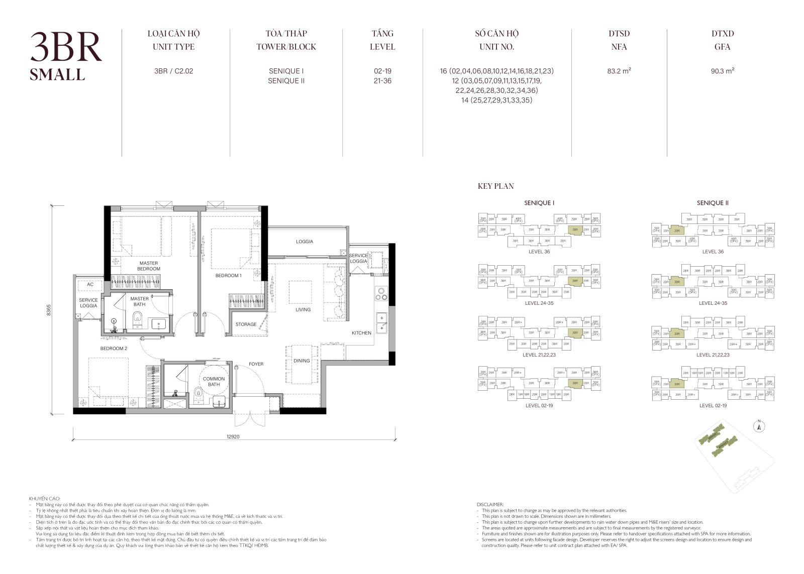 Layout căn hộ 3 phòng ngủ Small The Senique 1 và 2