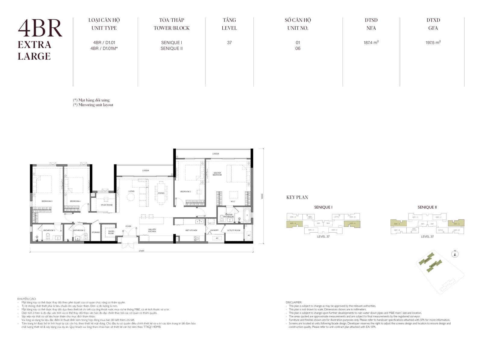 Layout căn hộ 4 phòng ngủ Extra Large The Senique 1 và 2