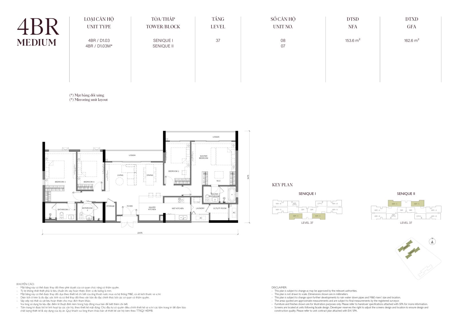 Layout căn hộ 4 phòng ngủ Medium The Senique 1 và 2