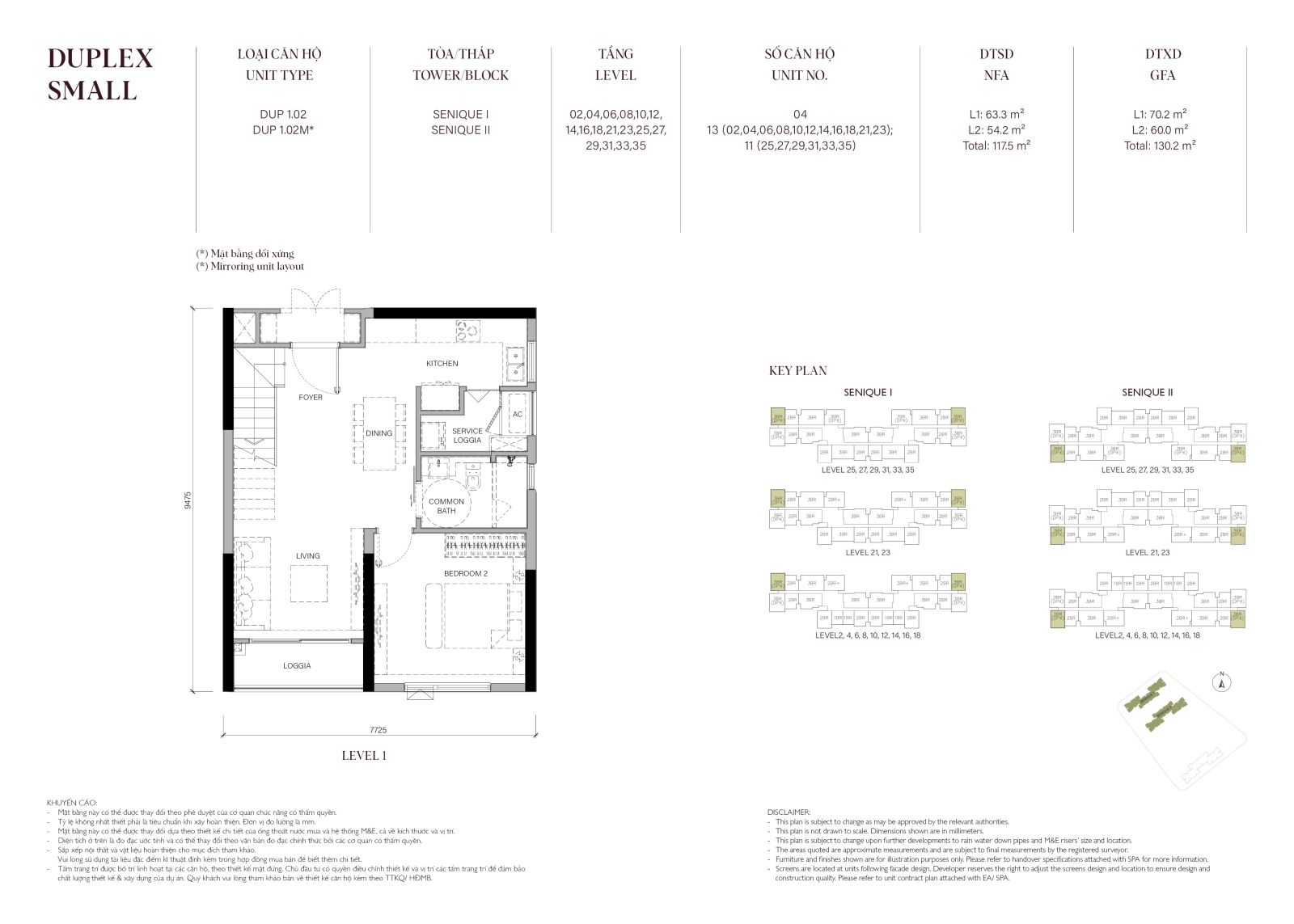 Layout căn hộ Duplex Small 3 phòng ngủ The Senique 1 và 2