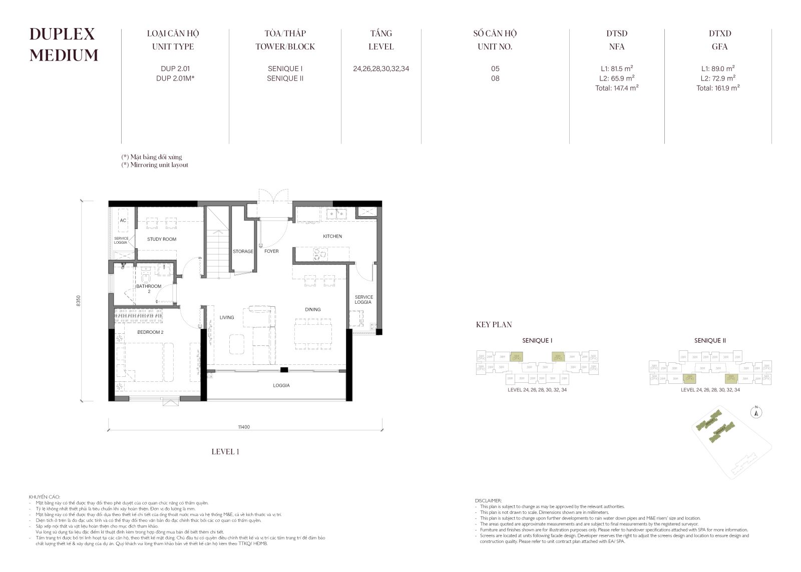 Layout căn hộ Duplex Medium 3 phòng ngủ The Senique 1 và 2