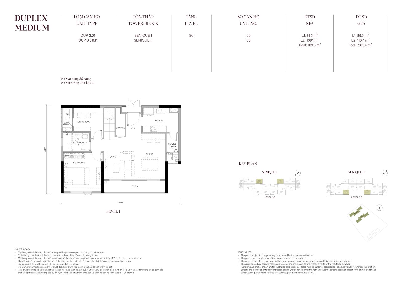 Layout căn hộ Duplex Medium 3 phòng ngủ The Senique 1 và 2