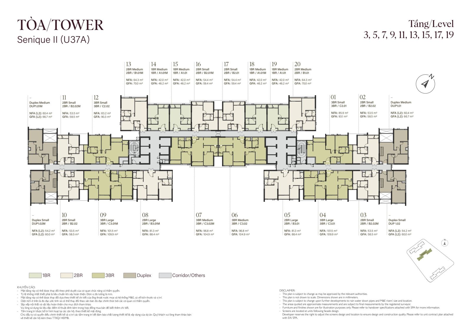 Mặt bằng tầng 3,5,7,9,11,13,15,17,19 tòa The Senique II