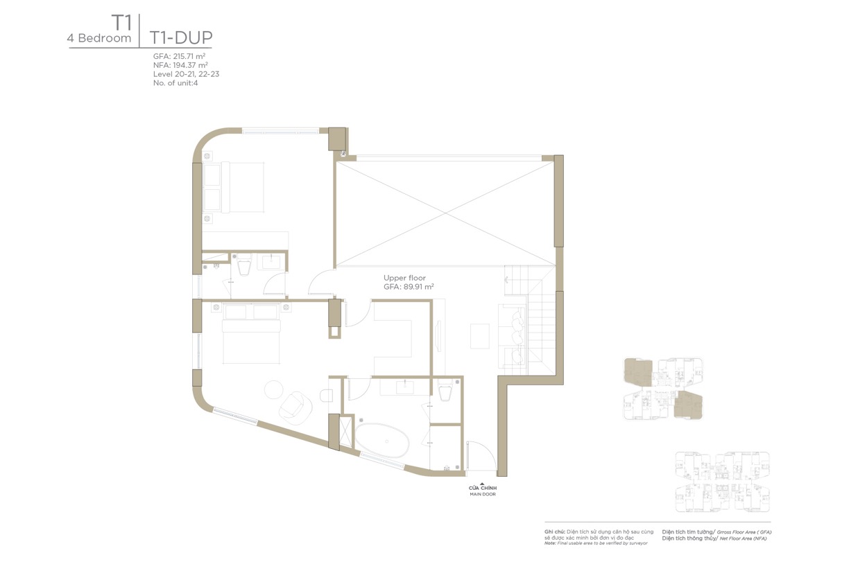 Layout căn hộ Duplex 4 phòng ngủ Tháp T1 Ziet River Thủ Thiêm