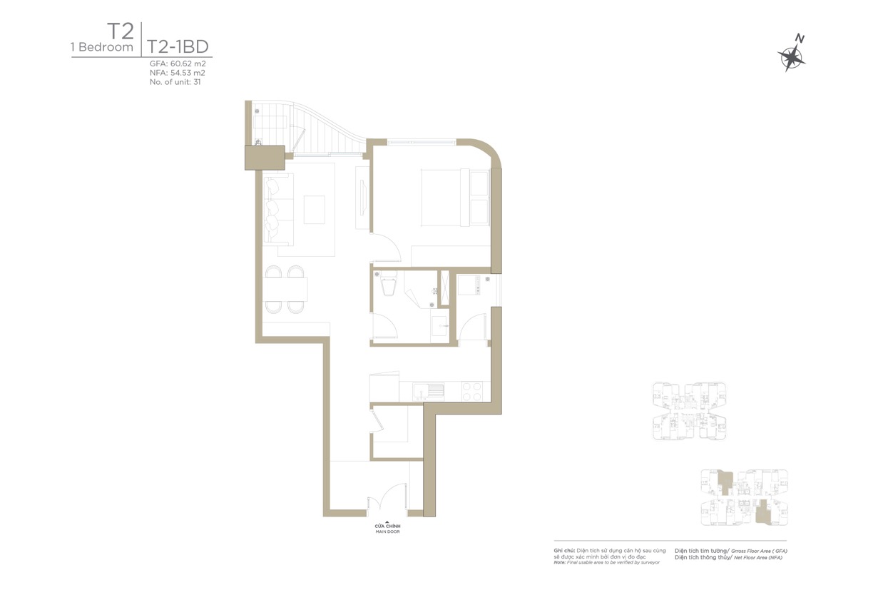 Layout căn hộ 1 phòng ngủ Tháp T2 Ziet River Thủ Thiêm