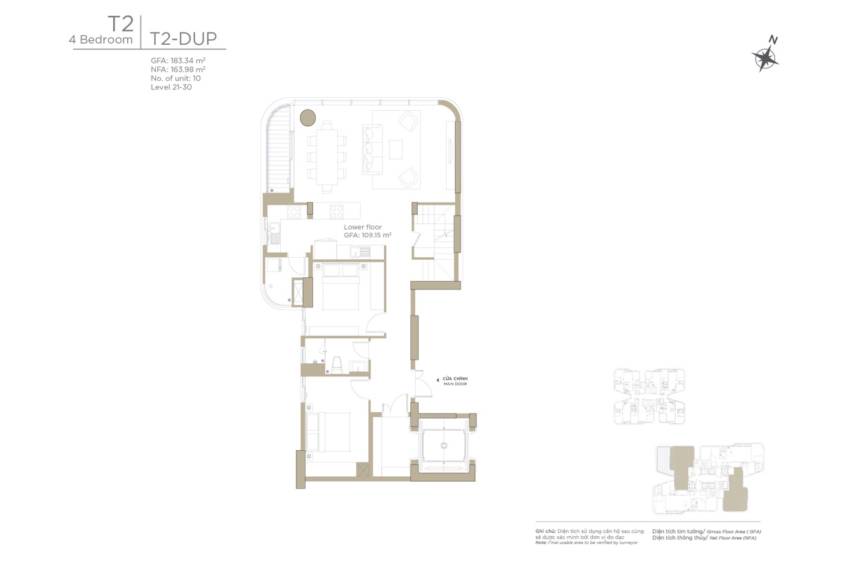 Layout căn hộ Duplex 4 phòng ngủ Tháp T2 Ziet River Thủ Thiêm