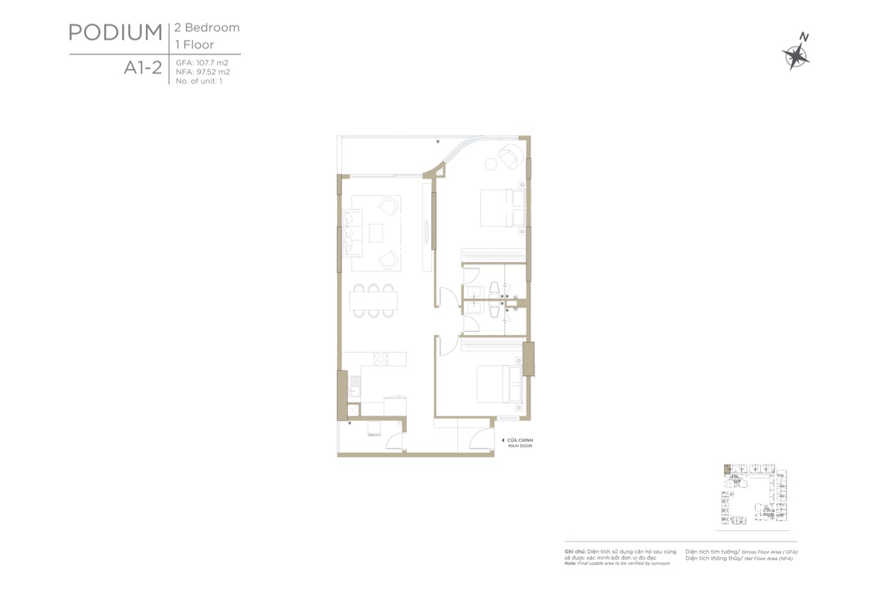 Layout căn hộ 2 phòng ngủ khối đế Ziet River Thủ Thiêm