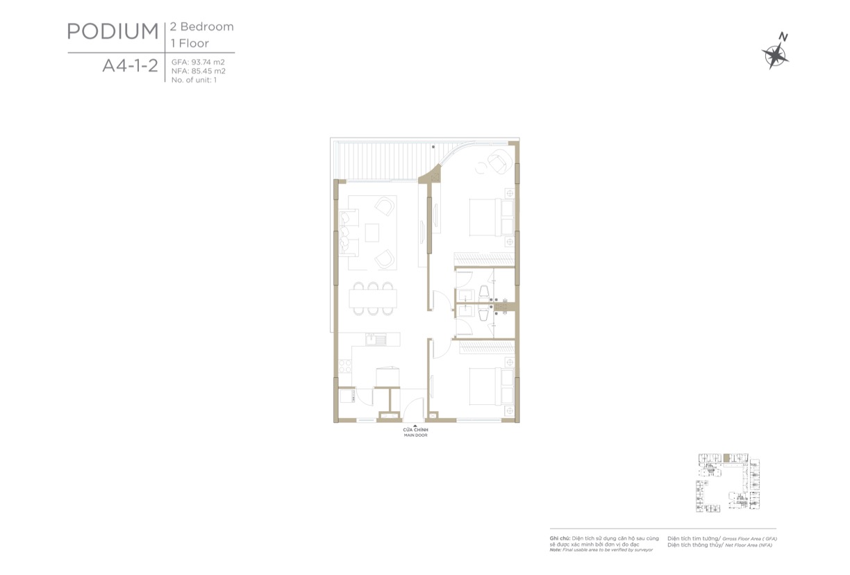 Layout căn hộ 2 phòng ngủ khối đế Ziet River Thủ Thiêm