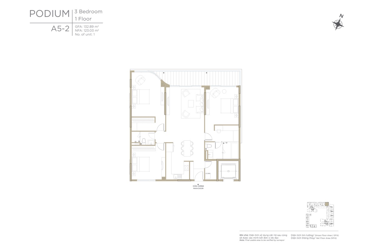 Layout căn hộ 3 phòng ngủ khối đế Ziet River Thủ Thiêm